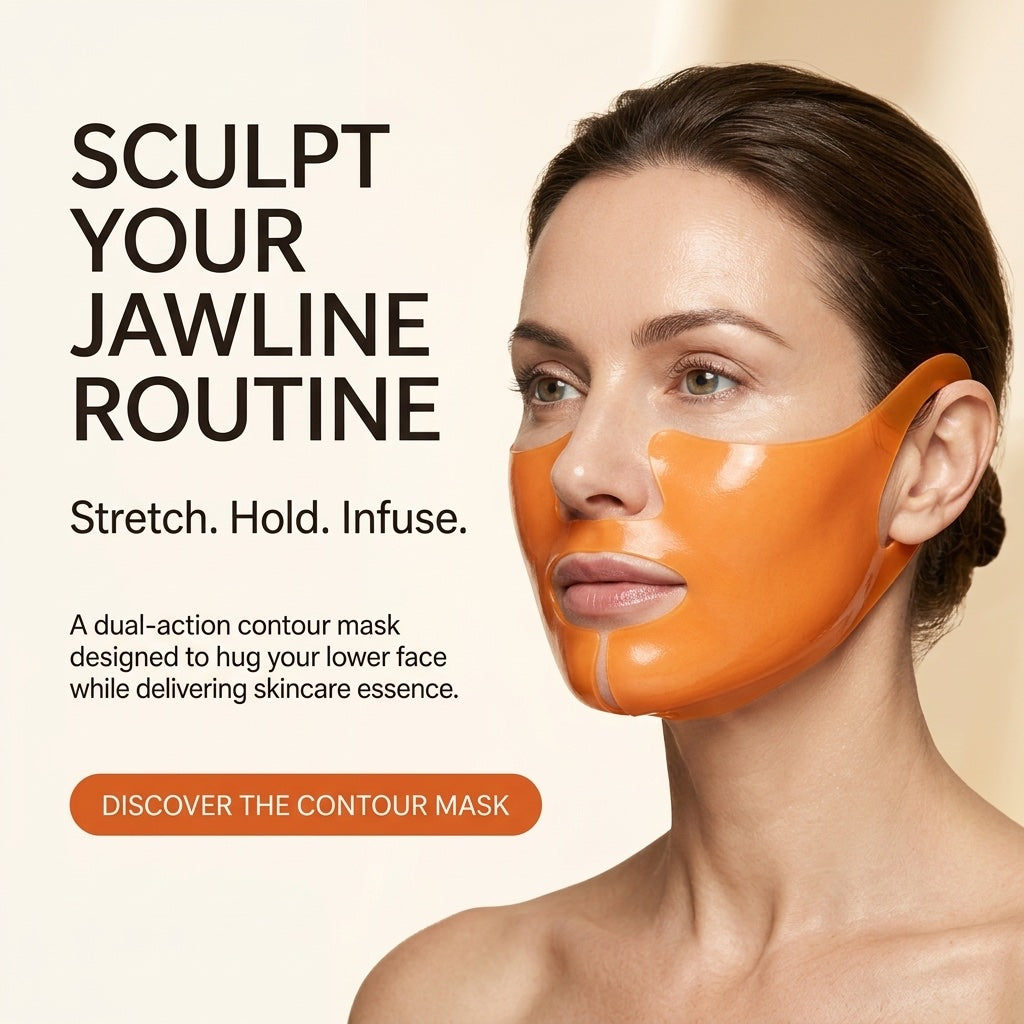 Woman in profile wearing the orange translucent Auresti contour mask on her chin and jawline, with the ear loop hooked behind her ear