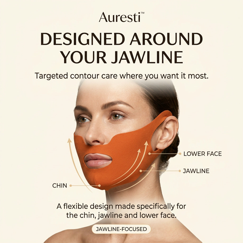 Three-quarter view of a woman wearing the Auresti lower-face mask, labeled to show it covers the chin, jawline and lower face
