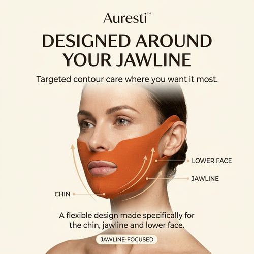 Three-quarter view of a woman wearing the Auresti lower-face mask, labeled to show it covers the chin, jawline and lower face