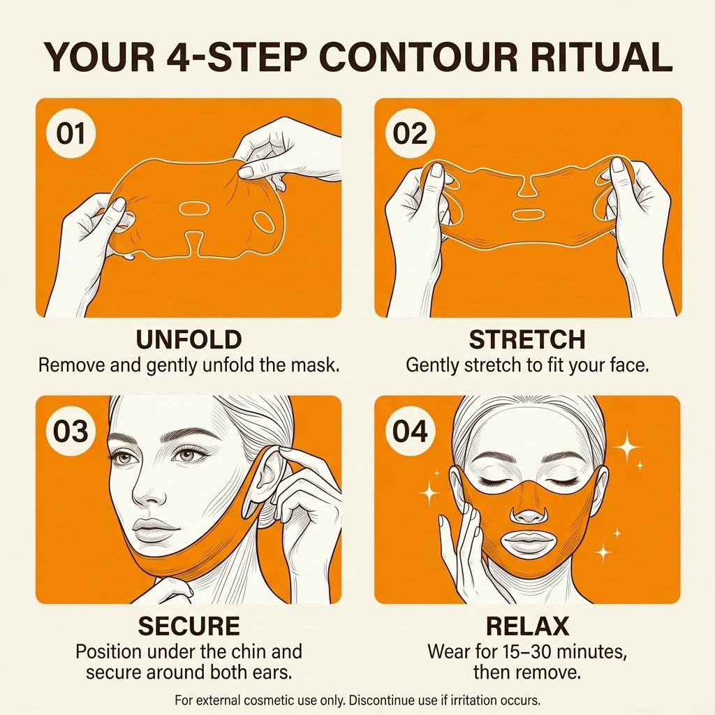 Illustrated four-step guide: unfold, stretch, secure around both ears, relax for 15 to 30 minutes