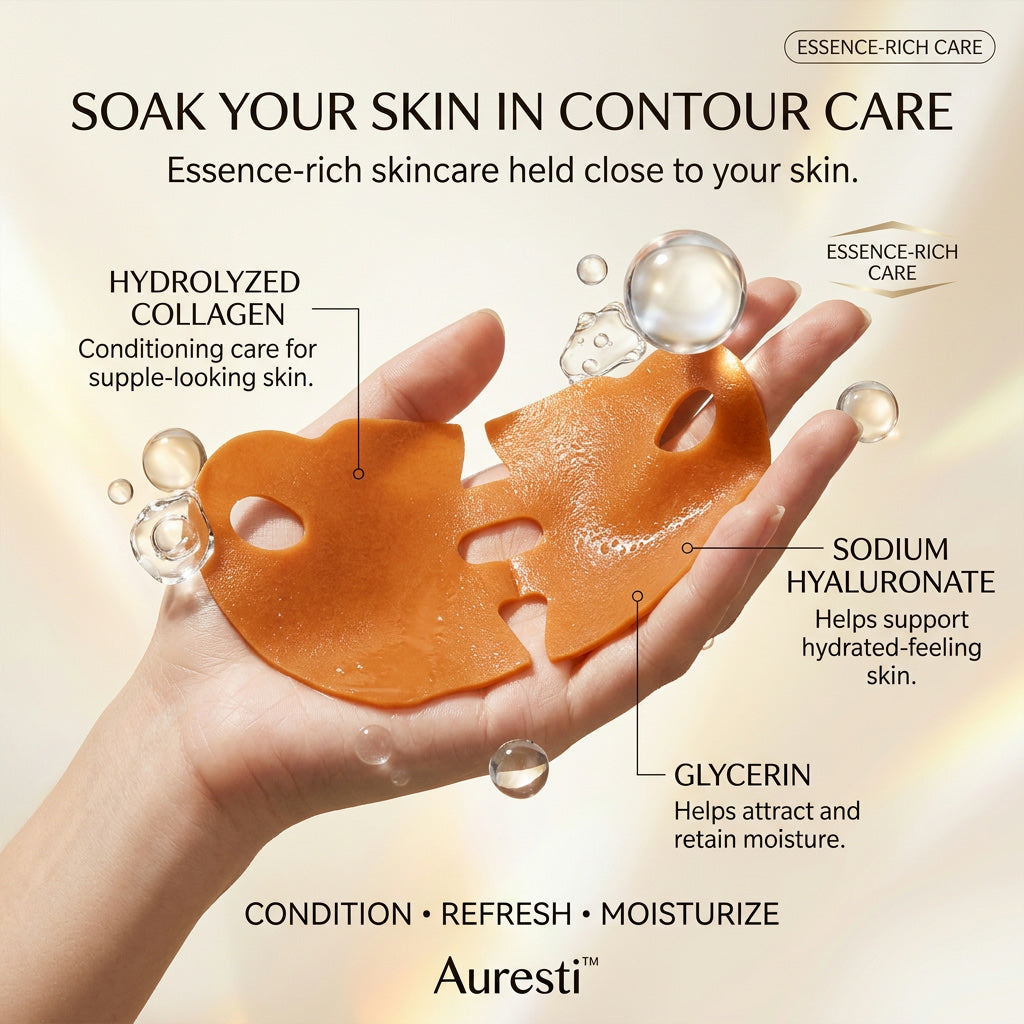 Essence-coated orange hydrogel mask resting in an open palm with clear droplets, listing hydrolyzed collagen, sodium hyaluronate and glycerin