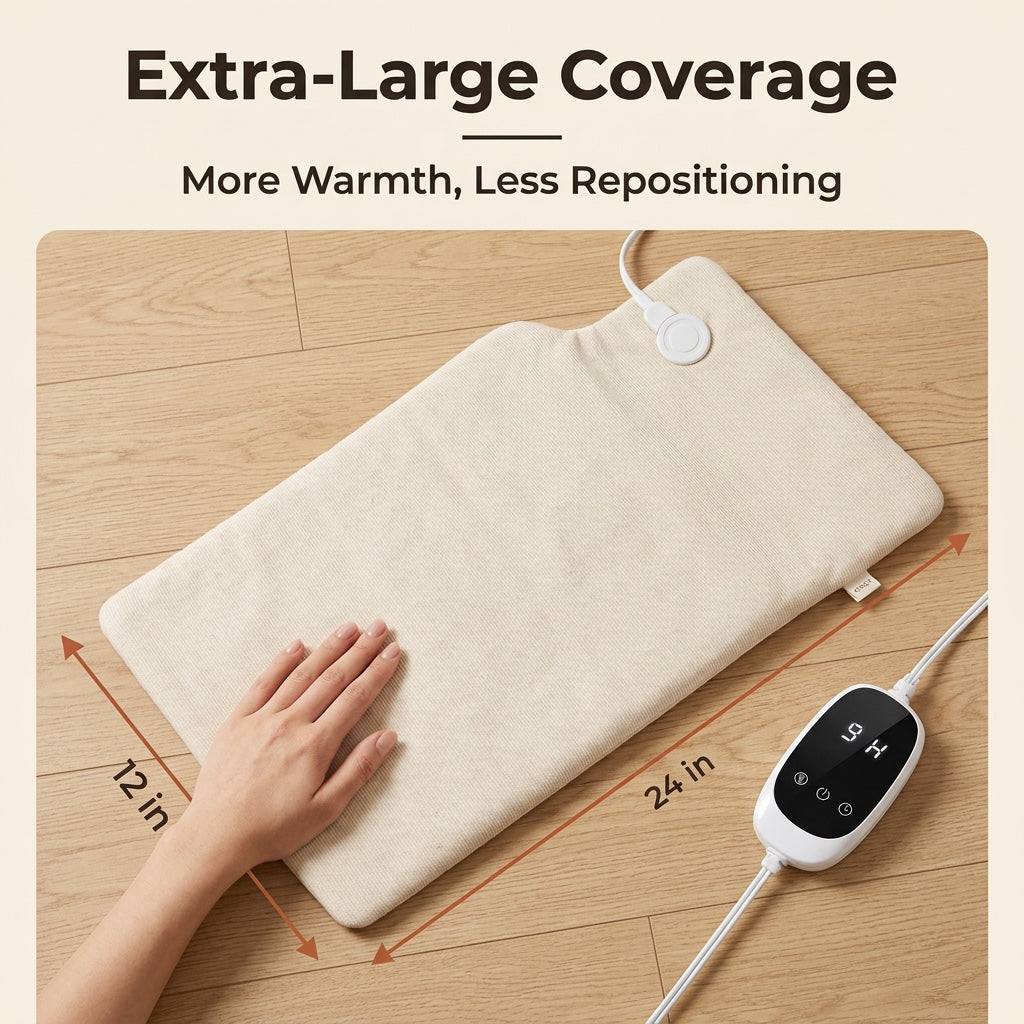 Heating pad dimensions: 12 in by 24 in for wide coverage