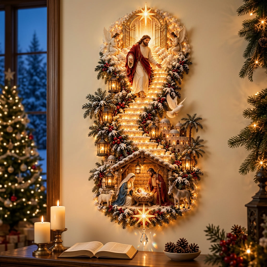 Jesus wall hanging above a console with candles and an open Bible beside a Christmas tree at dusk