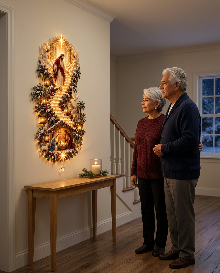 Couple at home with the glowing Light of Heaven wall hanging