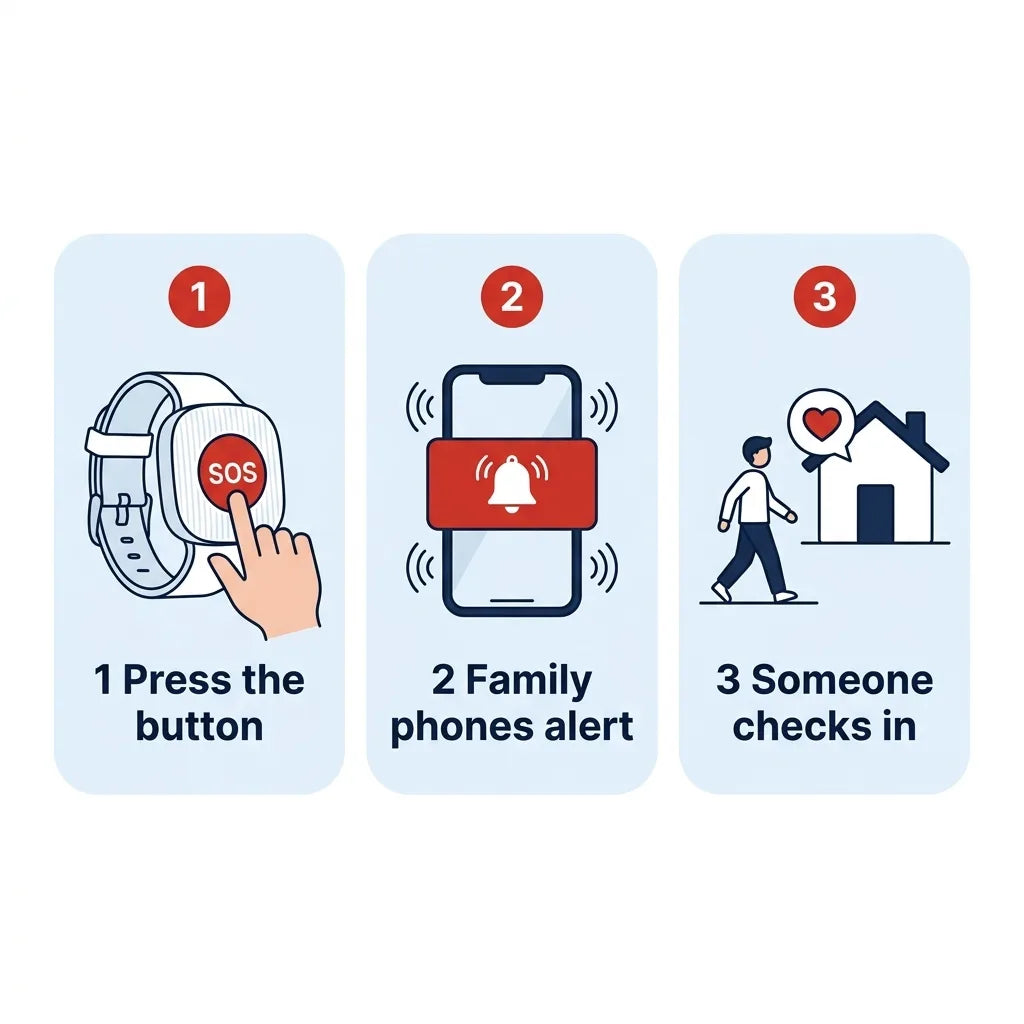How it works: press the button, family phones alert, someone checks in