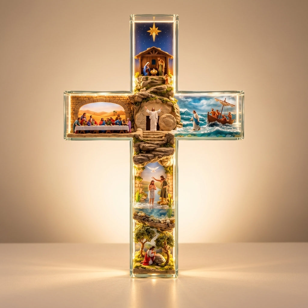 Story of Jesus Light-Up Cross glowing warm white, with six lit scenes from the life of Jesus