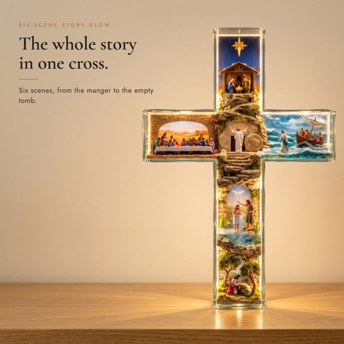The whole story of Jesus in one lighted cross, from the Nativity to the Resurrection