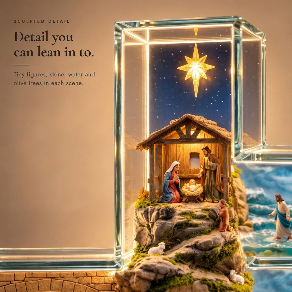 Detail of the sculpted miniature scenes inside the light-up cross